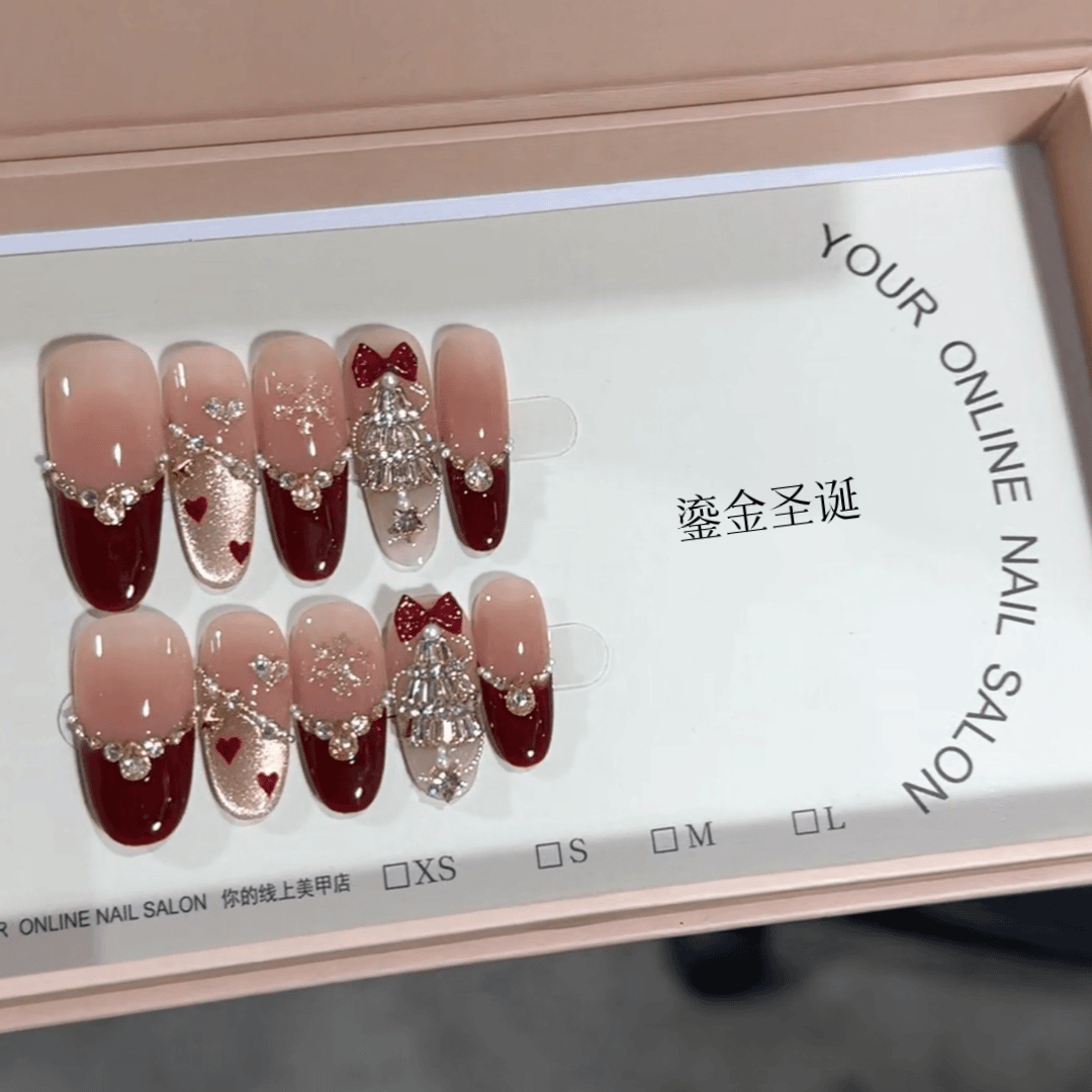 【鎏金圣诞】酒红法式猫眼纯手工穿戴甲雪花镶钻轻奢高级新年美甲