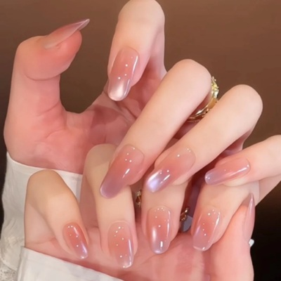 [紫葡萄]纯手工穿戴甲粉紫玻璃珠追光猫眼温柔高级显白纯欲美甲贴