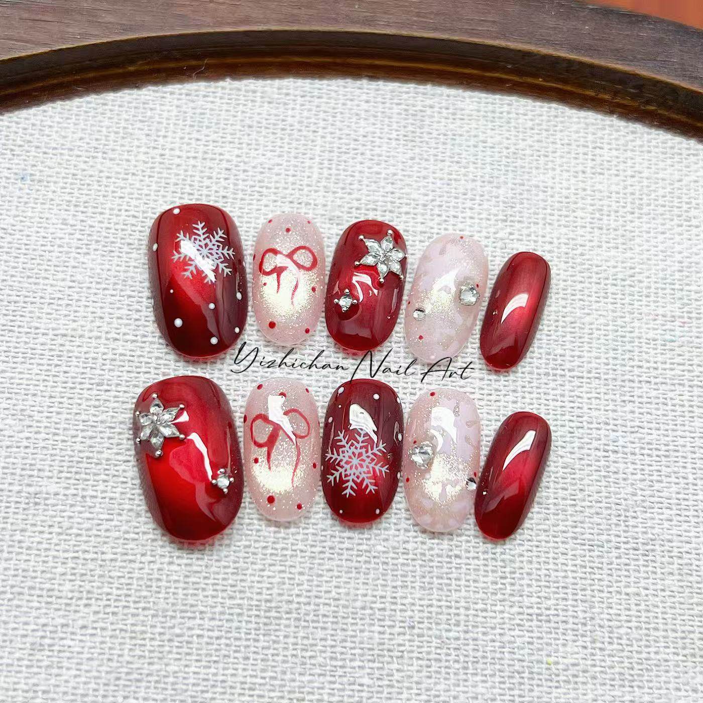 【鸿运寒霜】绯色冰透雪花宝石猫眼纯手工穿戴甲锆石拼钻显白美甲,彩妆/香水/美妆工具,穿戴甲/甲片,淘宝优惠券,粉丝福利购,淘宝优惠卷