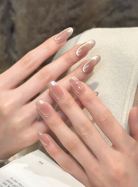 【粉雾月光】纯手工穿戴甲腮红法式侧光猫眼简约纯欲显白可拆美甲