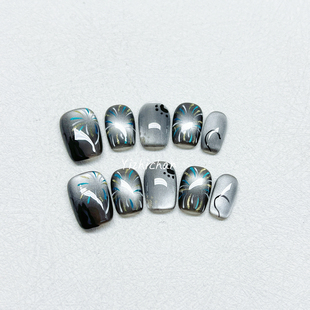 【黑猫】秋冬纯手工穿戴甲手绘烟花暗黑猫爪轻奢简约氛围感美甲贴