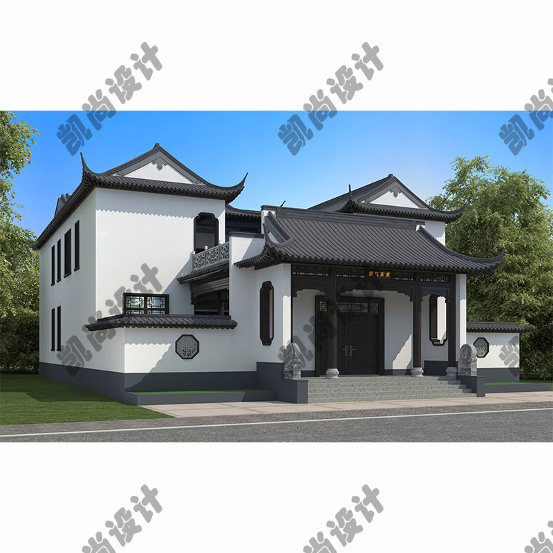 新款中式苏式二层三合院四合院设计图纸施工图效果图飞檐翘角