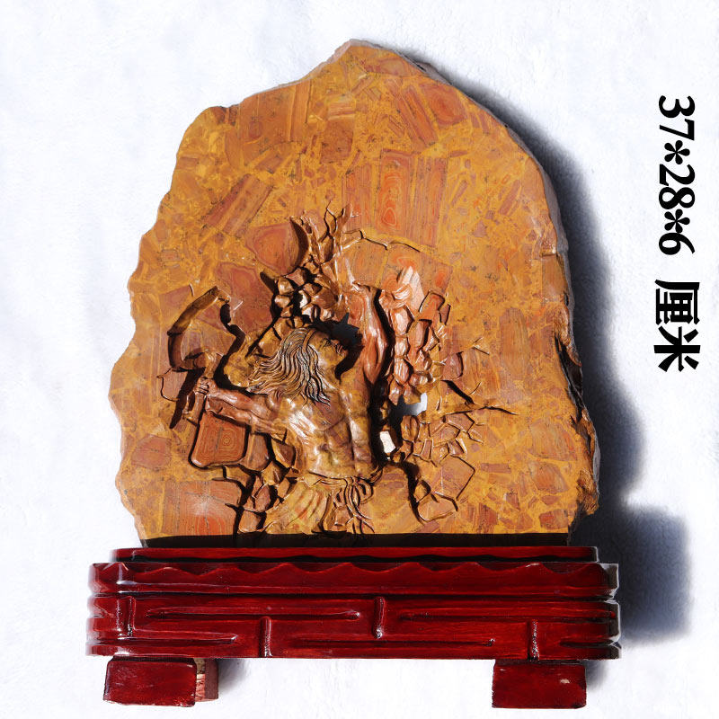 天然红丝石原石精雕盘古开天摆件颜色花纹好收藏佳品