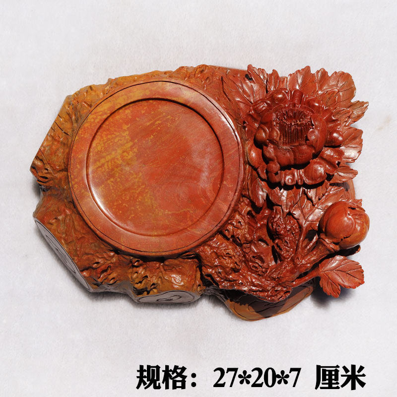 正宗红丝石精雕富贵牡丹花好月圆砚台摆件丝纹美丽送礼收藏佳品