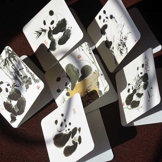 一套6张中国风国画水墨熊猫卡片