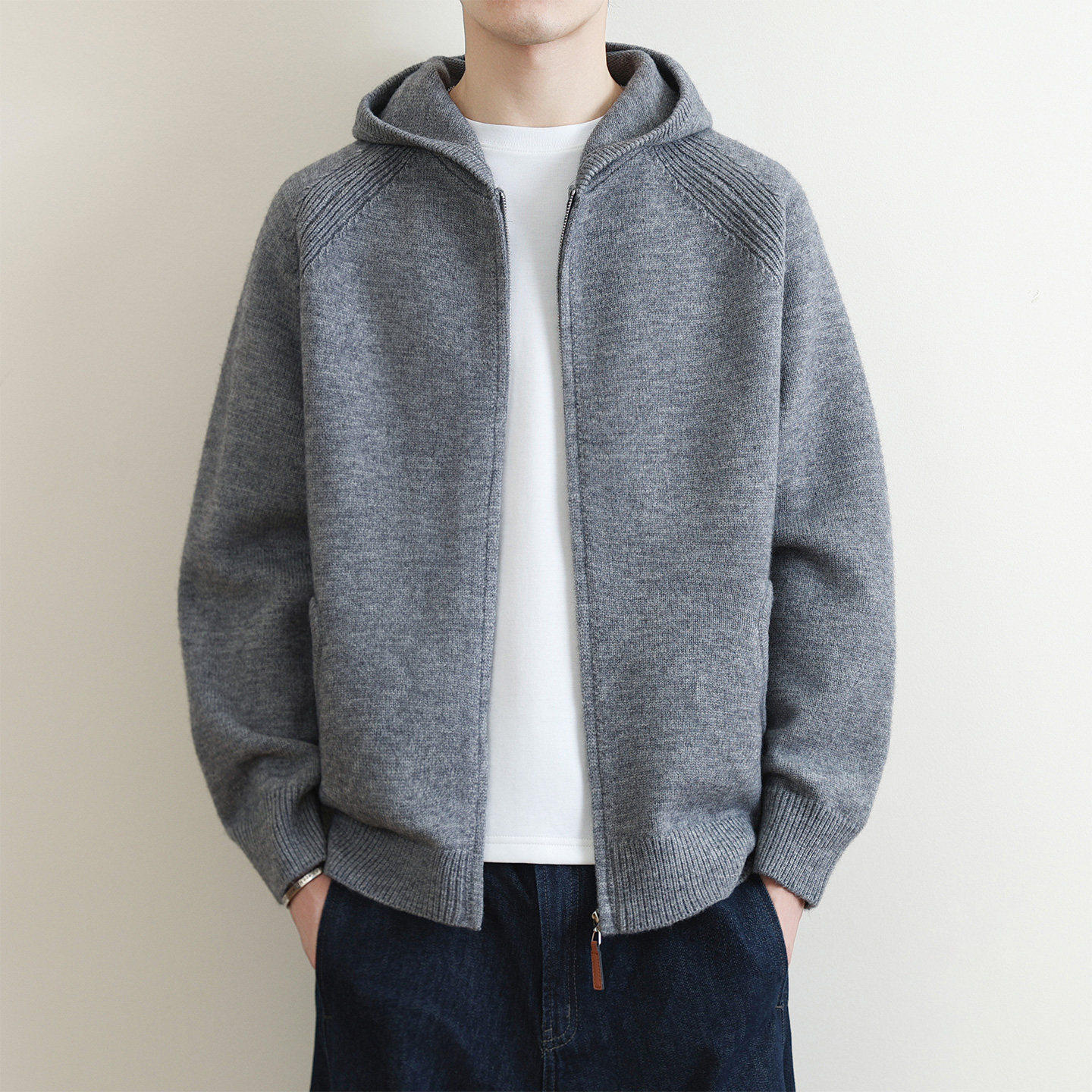 纯色拉链连帽针织开衫男