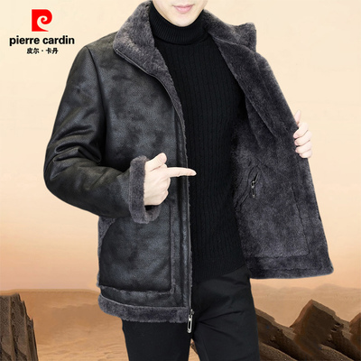 皮尔卡丹冬季男士外套保暖皮毛一体双面穿夹克男款仿羊绒大衣男装