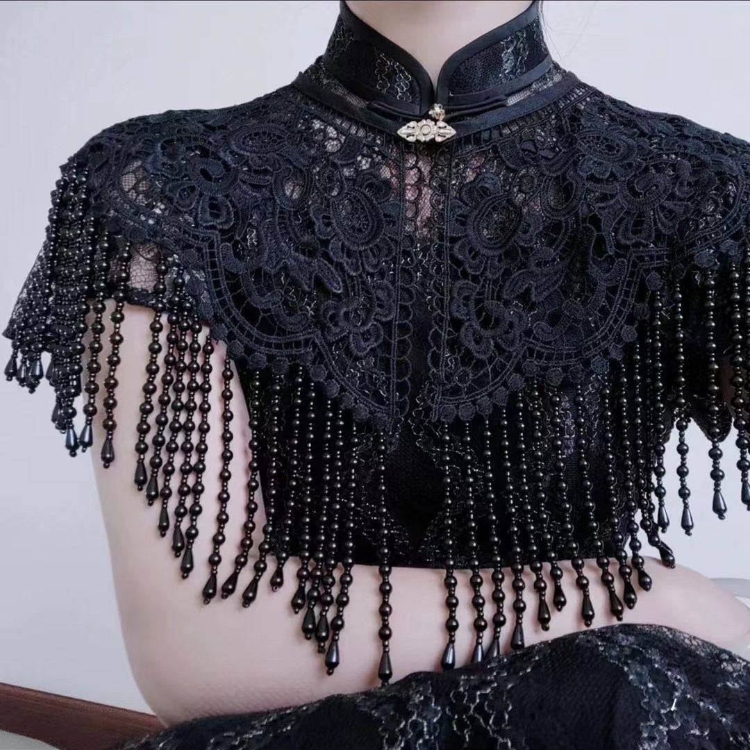 重工披肩中式黑色蕾丝珍珠流苏云肩古风夏季搭旗袍汉服连衣裙假领