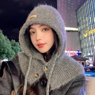 假帽子连帽可拆针织帽衫围巾一体多功能假领子秋冬毛衣披肩拉法帽