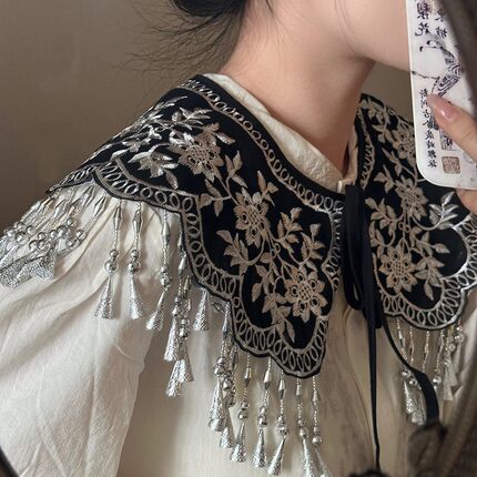 苗银云肩中式马面裙汉服旗袍假领子衬衫民族风刺绣外搭学士服披肩
