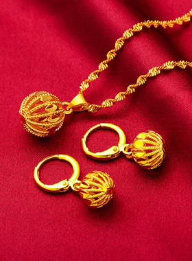礼物礼品首饰礼物女士套装 黄铜镀礼物灯笼项链耳环 镂空圆球耳坠