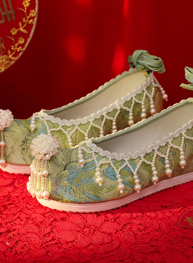 新款中式婚鞋子新娘结婚布鞋旗袍秀禾鞋平底龙凤鞋绿色上轿鞋红色