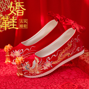 古风刺绣新娘结婚红色汉服鞋 子平跟婚礼明制绣花鞋 秀禾服婚鞋 中式