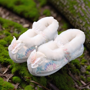 冬季加绒女童古风汉服鞋儿童绣花鞋宝宝古装老北京冬季布鞋旗袍鞋