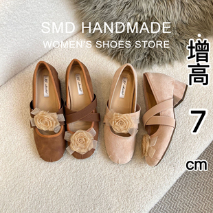 交叉带芭蕾单鞋 羊皮版 法式 女春款 女 增高7cm复古山茶花朵玛丽珍鞋