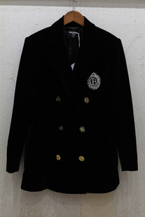 复古松身长西装 垫肩立体肩线 外套 双排金扣 重工水钻钉珠徽章