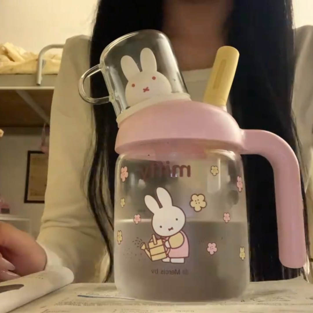 兔子玻璃水杯高硼硅女大容量吸管耐高温茶水分离高颜值带盖咖啡杯