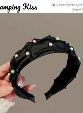 Camping Kiss法式赫本风黑色褶皱珍珠发箍女复古宽边头箍压发卡