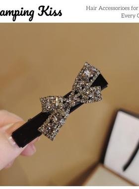 Camping Kiss法国黑色丝绒发夹满钻轻奢风蝴蝶结边夹闪亮镶钻女