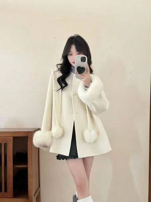 韩国定制SEVEN2025秋冬新款狐狸毛袖口双面呢羊绒大衣毛呢子外套