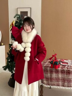 韩国定制SEVEN2025秋冬新款 口双面呢羊绒大衣毛呢子外套 狐狸毛袖