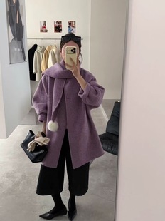 韩国定制SEVEN2025秋冬围巾领双面羊绒外套女温柔风减龄中长款