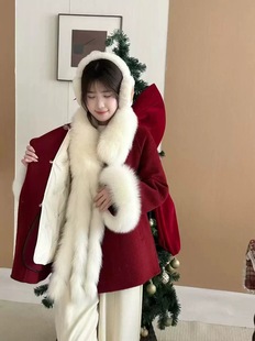 韩国定制SEVEN2025秋冬新款 口双面呢羊绒大衣毛呢子外套 狐狸毛袖