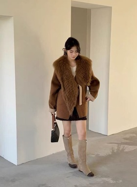 韩国定制SEVEN2025秋冬新款狐狸毛领双面羊毛大衣女中长款外套