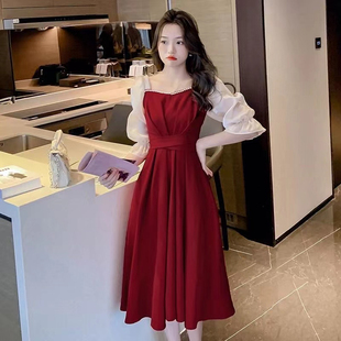 甜美法式红色连衣裙女五分袖2026夏季新款收腰显瘦中长裙A字裙子