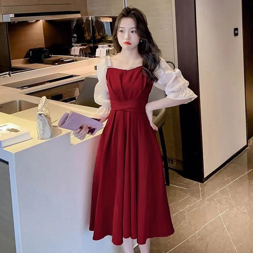 甜美法式红色连衣裙女五分袖2026夏季新款收腰显瘦中长裙A字裙子