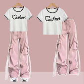 女夏季 裤 正肩短袖 工装 休闲两件套 显瘦宽松时尚 多巴胺甜辣运动套装