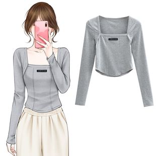 上衣女 美式 鱼骨拉条设计感打底衫 女辣妹纯欲方领锁骨长袖 T恤短款