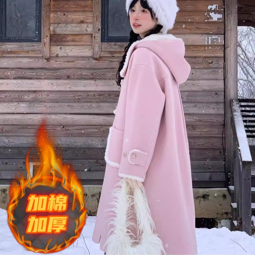 2025高级感超好看加厚外套冬季奶黄色牛角扣中长款呢子夹棉大衣