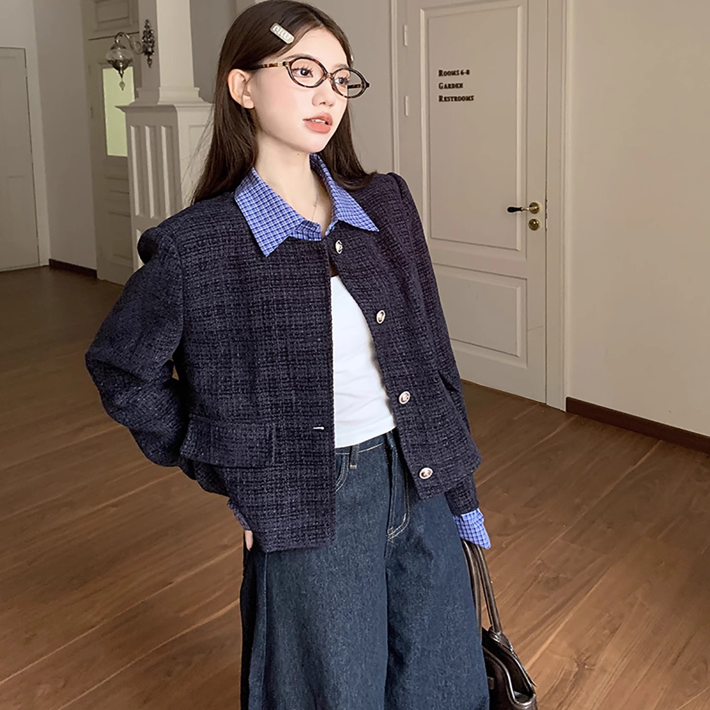 2025早秋时尚法式复古藏青色小香风翻领短款外套女秋宽松休闲上衣