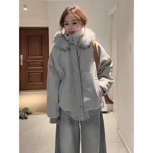 灰色美式复古连帽毛呢棉服女款冬季加厚保暖毛领拼接情侣棉衣外套