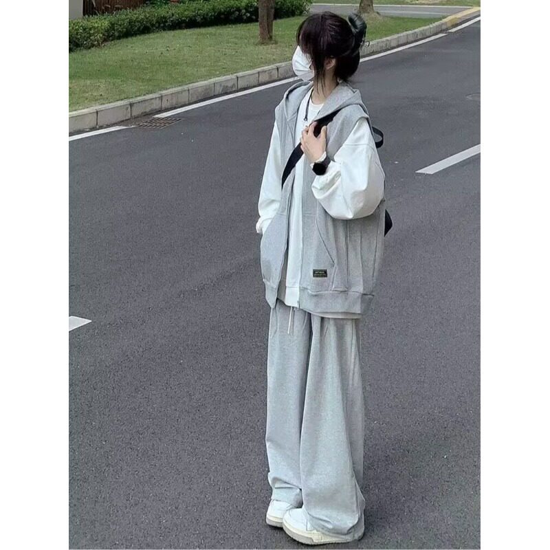 运动服套装女秋季学生韩版宽松时尚长袖连帽卫衣马甲休闲三件套