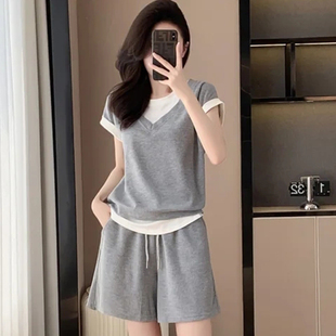 大码时尚小个子穿搭配一整套女夏季胖mm遮肉显瘦短袖短裤两件套装