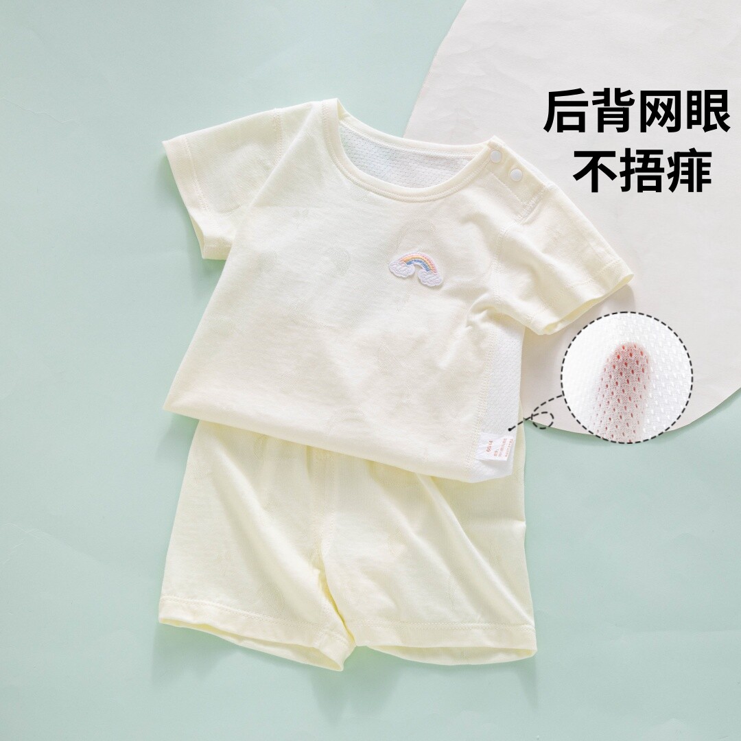 宝宝睡觉衣服女夏天100码黄色暗扣薄款网眼小月龄a类短袖婴儿睡衣