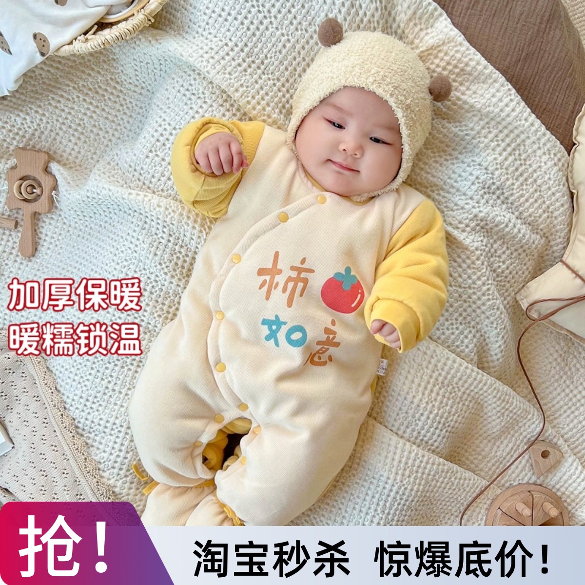 婴儿冬装新生宝宝冬季幼儿夹棉秋冬款带连脚加厚棉服包脚连体衣服