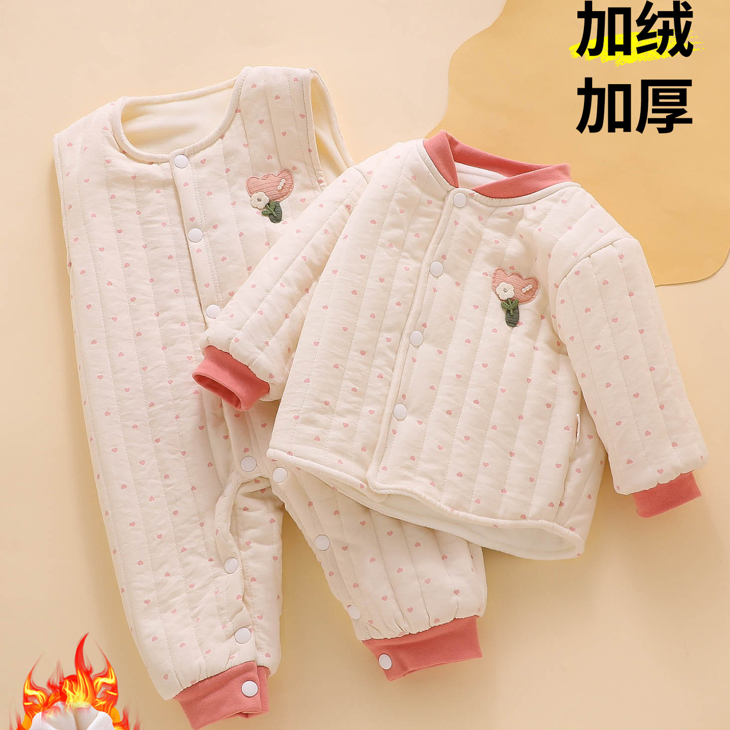 宝宝夹棉小棉袄套装冬装小月龄外出服背带裤加绒棉服婴儿衣服女宝
