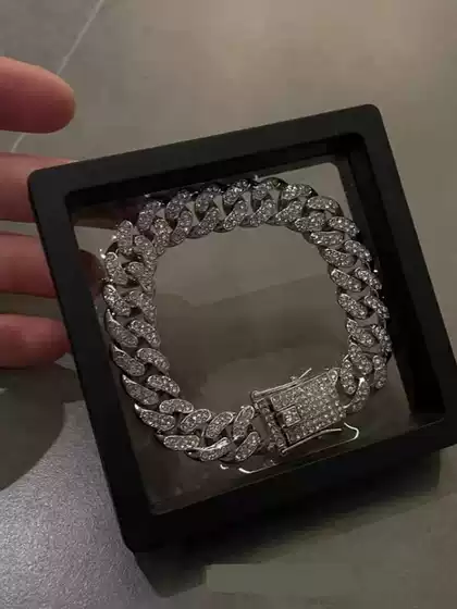 Silver Cuban Link Bracelet Necklace Shiny Diamond Jeweler