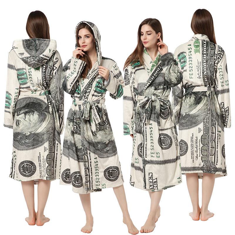 New dollar printed nightgown men women flannel bathrobe 浴袍