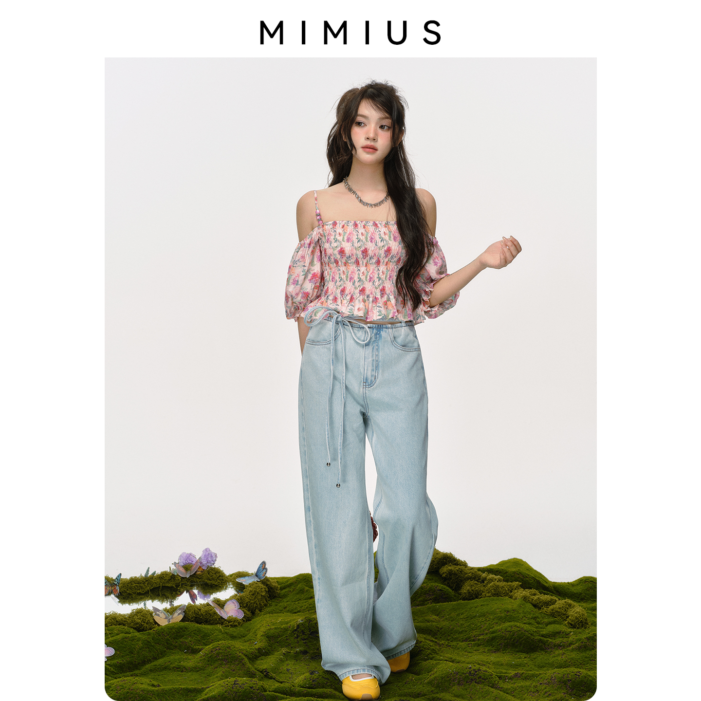 【mimius】游鹿鹿 甜美复古度假风碎花吊带上衣+牛仔裤 G06343