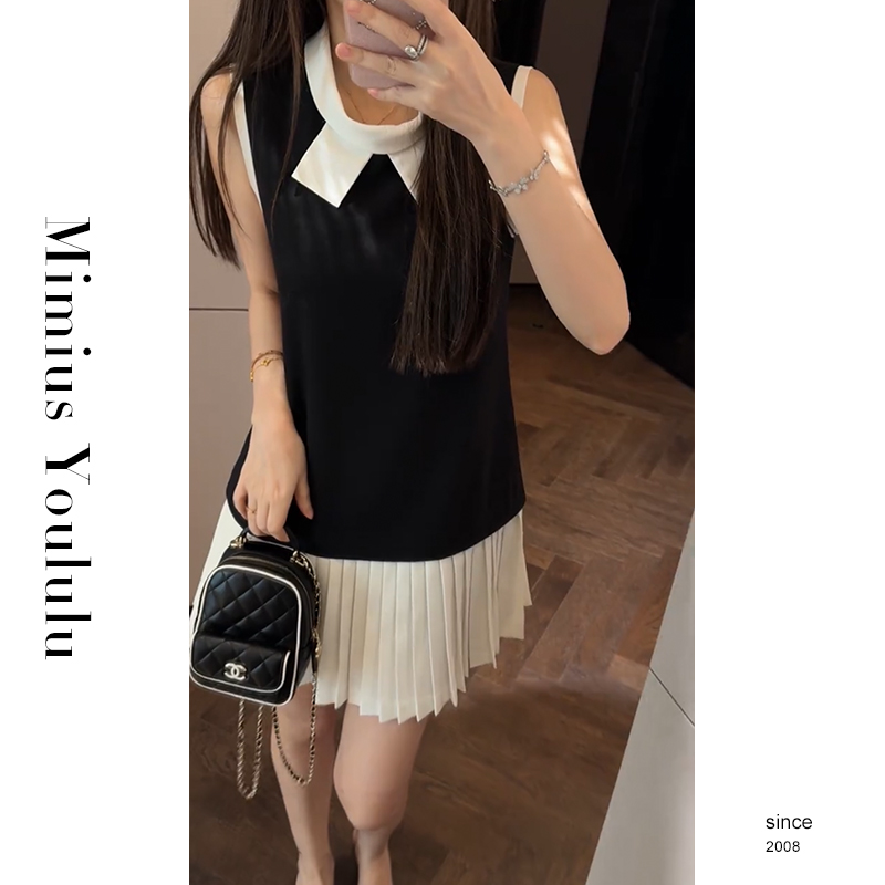 【mimius】游鹿鹿 优雅千金感黑白拼接百褶蝴蝶结无袖连衣裙