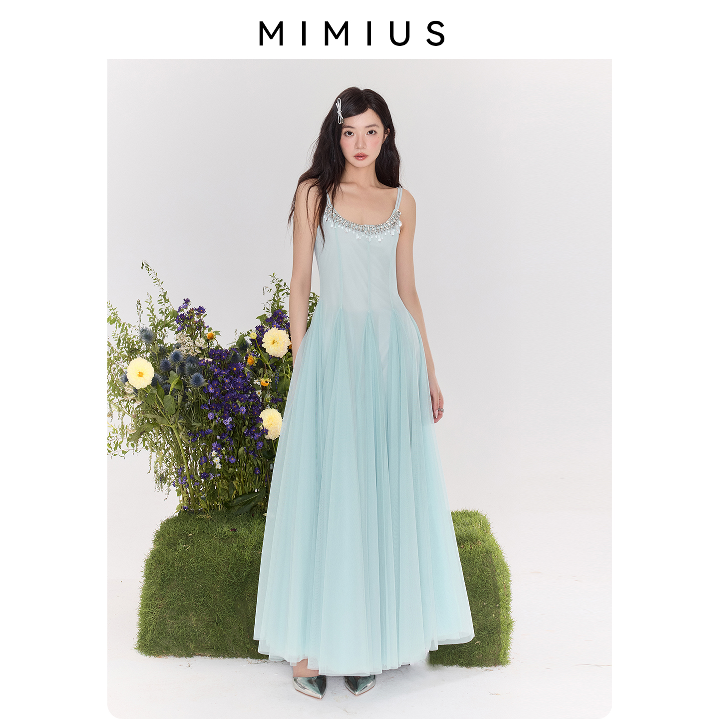 【mimius】游鹿鹿 蓝色泪光～超仙钻钻大裙摆吊带裙（高弹/肩带可