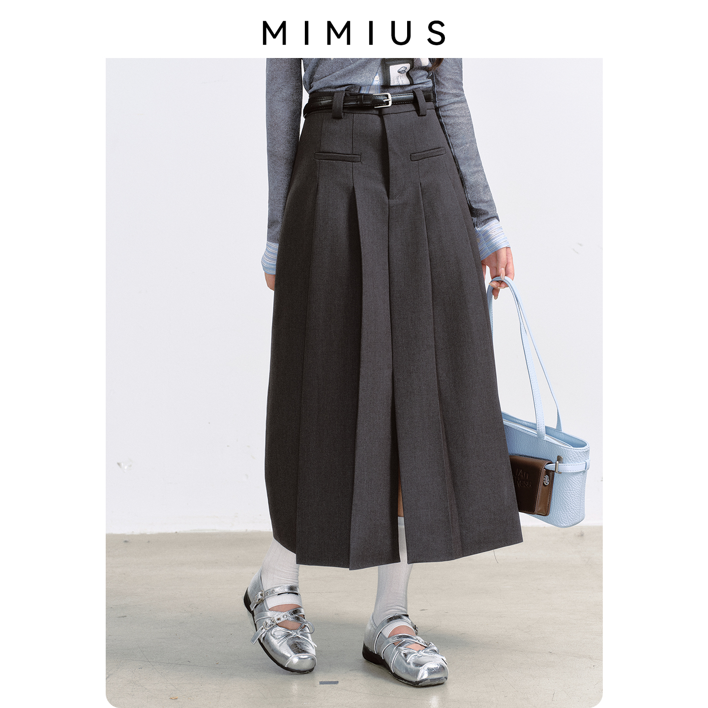 【mimius】游鹿鹿 美式复古高腰百褶半身裙拼接设计感半身长裙