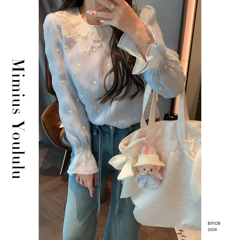 【mimius】游鹿鹿 圆领蕾丝拼接钉珠衬衫