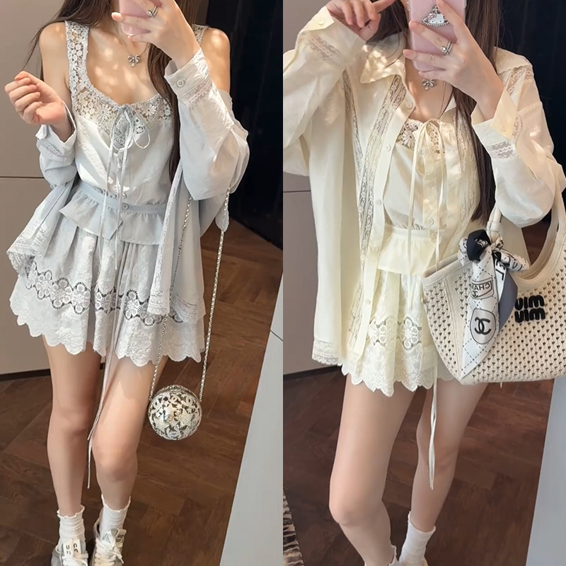 【mimius】游鹿鹿 定位重工绣花水溶蕾丝衬衫+吊带+裙裤（松紧腰