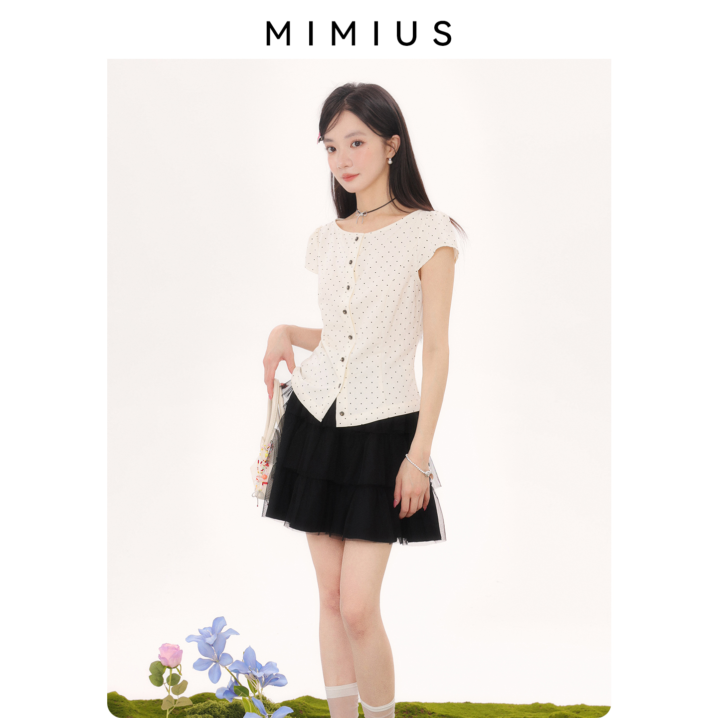 【mimius】游鹿鹿 韩系复古风波点格纹设计感通勤荷叶边收腰上衣