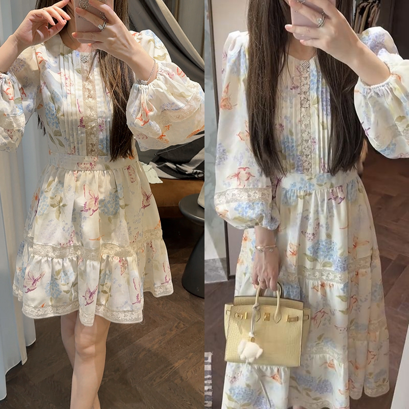 【mimius】游鹿鹿 田园油画少女意式风情减龄收腰显瘦碎花连衣裙
